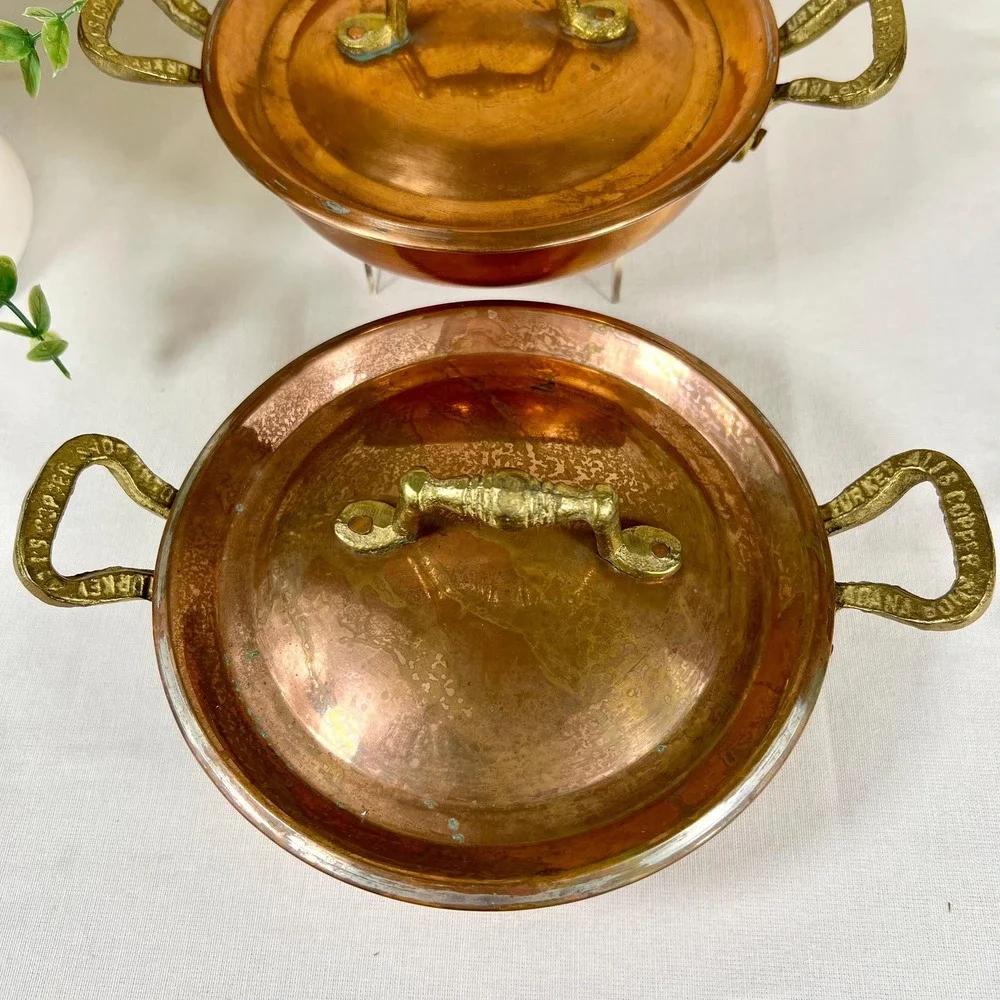 Old Vintage Copper Pans Skillets with Brass Handles